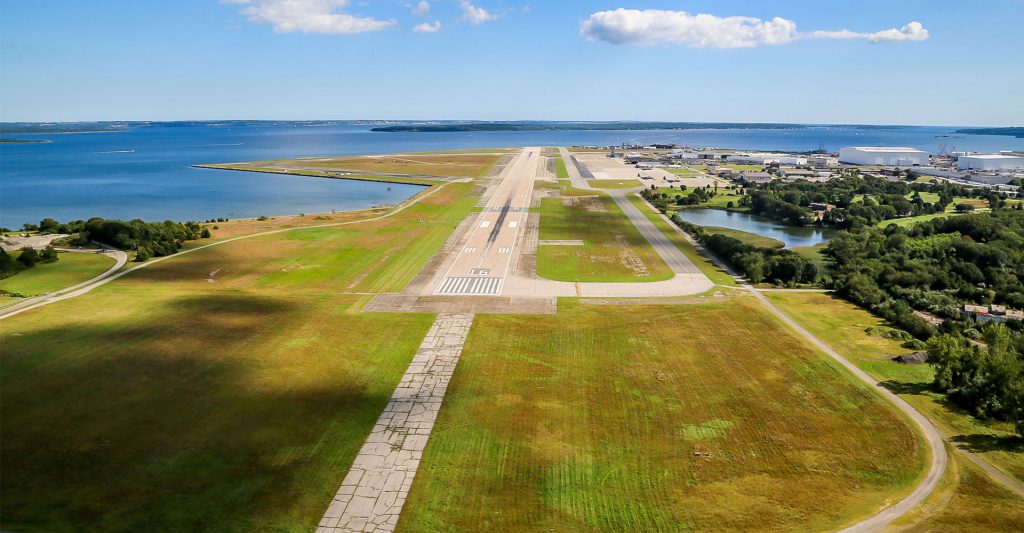 Aerial image of runway 16 at Quonset Airport
